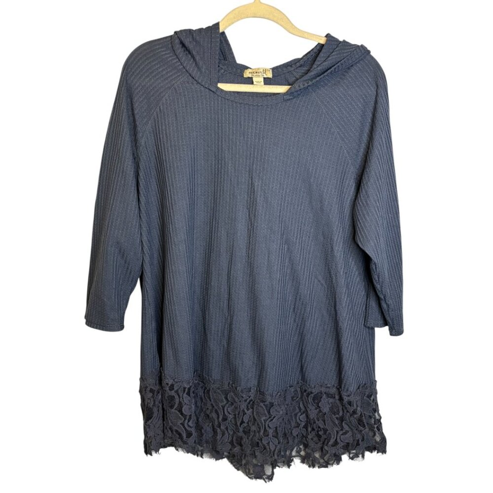 One World Blouse Women's 1X Hooded Henley Long Sleeve Lace Trim Gray Blue